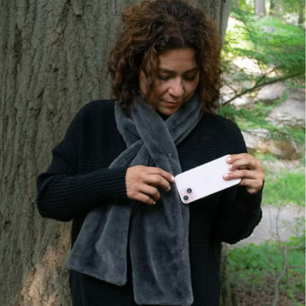Black Soft Faux Fur Scarf with 15x20CM Hidden Zipper Pocket - Anti-Theft Travel Scarf  for Phone, Passport and Essentials.