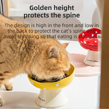 Yellow Elevated 15° Tilted Ceramic Cat Bowl - Anti-Chin Acne Glaze Finish, Non-Slip Weighted Base & Neck Protection Pet Feeder.