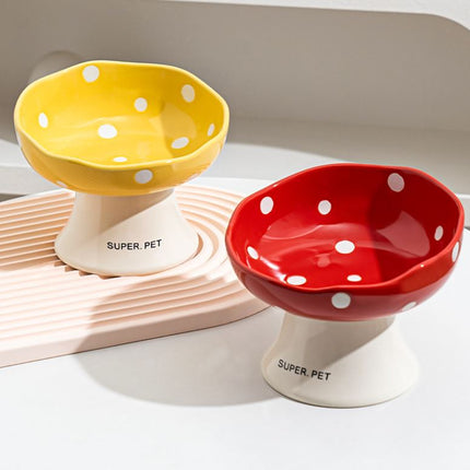 Red and Yellow Elevated 15° Tilted Ceramic Cat Bowl - Anti-Chin Acne Glaze Finish, Non-Slip Weighted Base & Neck Protection Pet Feeder.