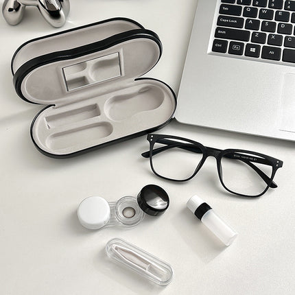 Black Leather Dual-Layer Eyewear Case with Mirror & Lens Care Kit - Rigid Travel Organizer for Glasses and Contact Lenses.