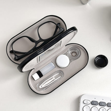 Black Leather Dual-Layer Eyewear Case with Mirror & Lens Care Kit - Rigid Travel Organizer for Glasses and Contact Lenses.