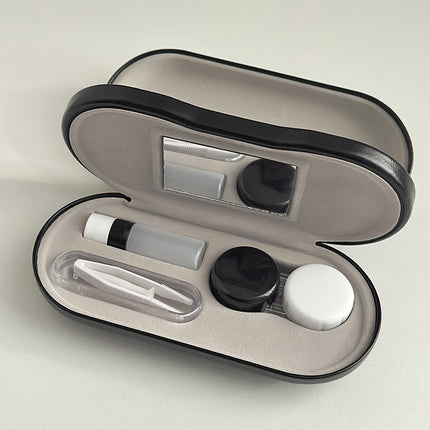 Black Leather Dual-Layer Eyewear Case with Mirror & Lens Care Kit - Rigid Travel Organizer for Glasses and Contact Lenses.