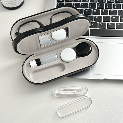 Black Leather Dual-Layer Eyewear Case with Mirror & Lens Care Kit - Rigid Travel Organizer for Glasses and Contact Lenses.