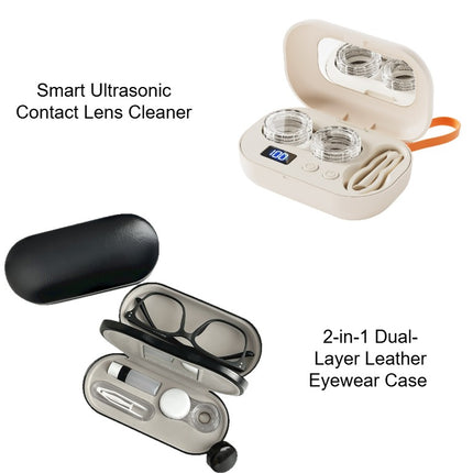 Premium Eye Care Travel Set: 2-in-1 Black Dual-Layer Leather Eyewear Case and Smart Ultrasonic Contact Lens Cleaner with Mirror & Lens Care Kit.