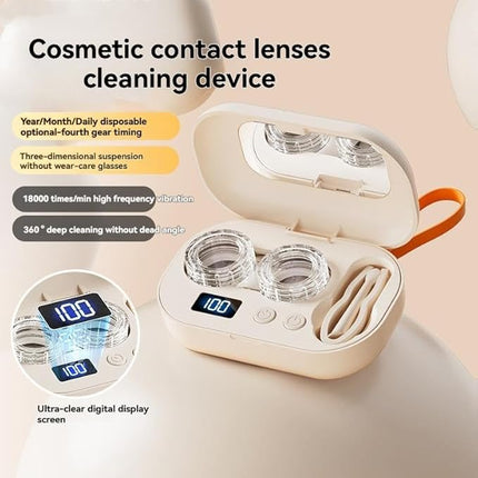 Premium Eye Care Travel Set: 2-in-1 Black Dual-Layer Leather Eyewear Case and Smart Ultrasonic Contact Lens Cleaner with Mirror & Lens Care Kit.