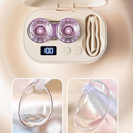Premium Eye Care Travel Set: 2-in-1 Black Dual-Layer Leather Eyewear Case and Smart Ultrasonic Contact Lens Cleaner with Mirror & Lens Care Kit.