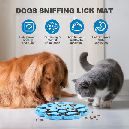 Blue 4-in-1 Textured Silicone Pet Lick Mat & Slow Feeder - Anti-Anxiety Calming Pad with Back Suction Cups.