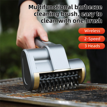 3-in-1 Gold Cordless Electric Grill Cleaner Built-in LED & USB Charging - Waterproof High Power BBQ Cleaning Brush with 2-Speed Setting.