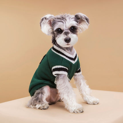 4-Pack S Size Preppy Style V-Neck Knitted Cotton Pet Sweater - Hair-Resistant & Breathable, Classic Fleece-Lined Pullover for Cats and Dogs(Green + Red + Khaki + Grey).