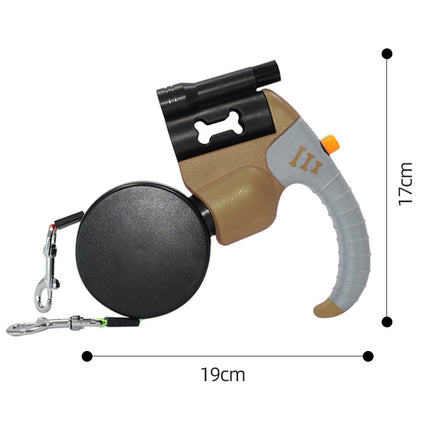 Brown and Grey One-to-Two Retractable Dog Leash with One-Click Safety Lock & Night Light - 3M Tangle-Free 360° Rotation Walking Leash.
