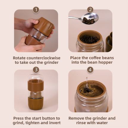 Portable Electric Coffee Bean Grinding Cup & Juicer with Safe Hidden Stainless Steel Blades - 420ML USB Rechargeable Travel Brewer.