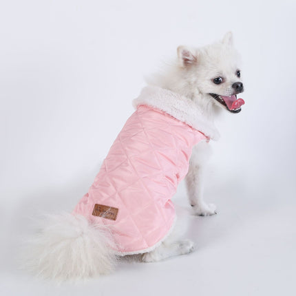 M Size Pink Winter Padded Cotton Dog Thermal Plaid Vest with Faux Fur Collar - Thick Fleece-Lined Warm Pet Jacket.
