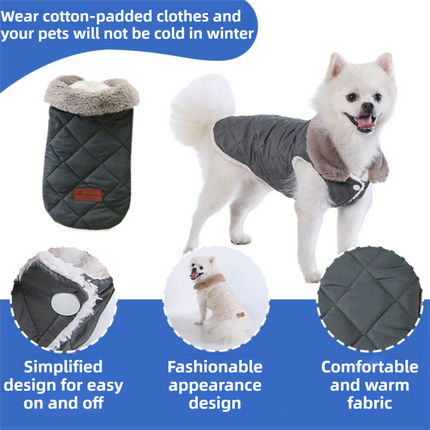 L Size Grey Winter Padded Cotton Dog Thermal Plaid Vest with Faux Fur Collar - Thick Fleece-Lined Warm Pet Jacket.