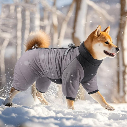 XL Size Grey Winter Waterproof Dog 4 Leg Jumpsuit for Full Body Warmth - Reflective Windproof Pet Puffer Coat with Integrated Harness.