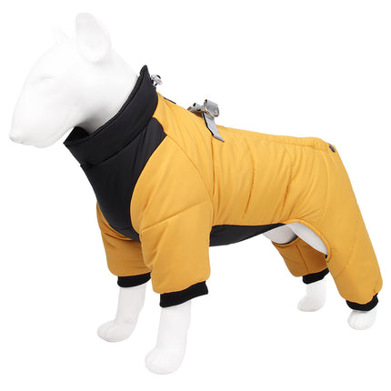 3XL Size Yellow Winter Waterproof Dog 4 Leg Jumpsuit for Full Body Warmth - Reflective Windproof Pet Puffer Coat with Integrated Harness.