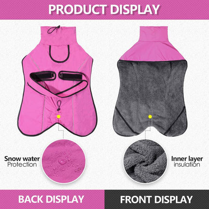 M Size Dark Blue Winter Waterproof Dog Puffer Vest with Adjustable Neckline / Belt and Leash Access - Reflective Long-Pile Fleece Lined Warm Cloak.