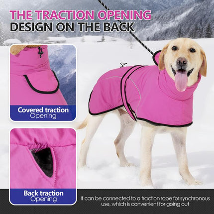 3XL Size Dark Blue Winter Waterproof Dog Puffer Vest with Adjustable Neckline / Belt and Leash Access - Reflective Long-Pile Fleece Lined Warm Cloak.