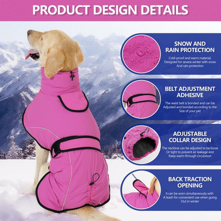 M Size Rose Red Winter Waterproof Dog Puffer Vest with Adjustable Neckline / Belt and Leash Access - Reflective Long-Pile Fleece Lined Warm Cloak.