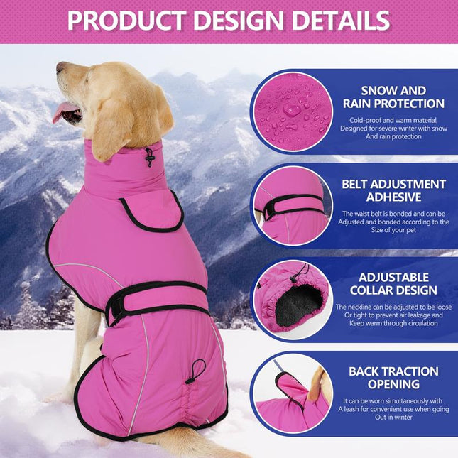 3XL Size Rose Red Winter Waterproof Dog Puffer Vest with Adjustable Neckline / Belt and Leash Access - Reflective Long-Pile Fleece Lined Warm Cloak.