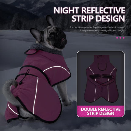 3XL Size Rose Red Winter Waterproof Dog Puffer Vest with Adjustable Neckline / Belt and Leash Access - Reflective Long-Pile Fleece Lined Warm Cloak.