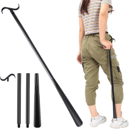 2-Pack Black Portable Dressing Aid Stick & Long-Handled Shoe Horn (3-Section Detachable) - Adjustable 62cm-88cm Dressing Hook for Seniors & Limited Mobility.