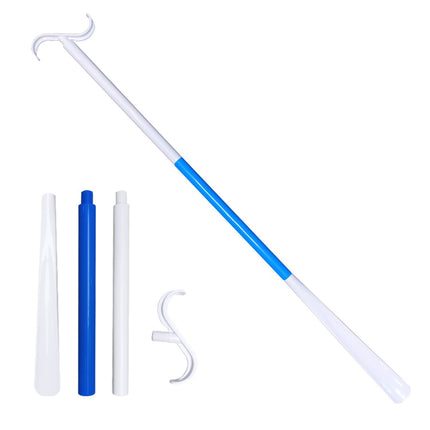 2-Pack White Blue Portable Dressing Aid Stick & Long-Handled Shoe Horn (3-Section Detachable) - Adjustable 62cm-88cm Dressing Hook for Seniors & Limited Mobility.