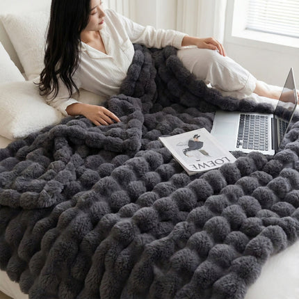Black Grey Luxury Tuscany Fleece Rabbit Fur Bubble Blanket (200 x 230 CM) - Double-Sided Thickened Soft Plush Bedding & Extra Large Bed Blanket.