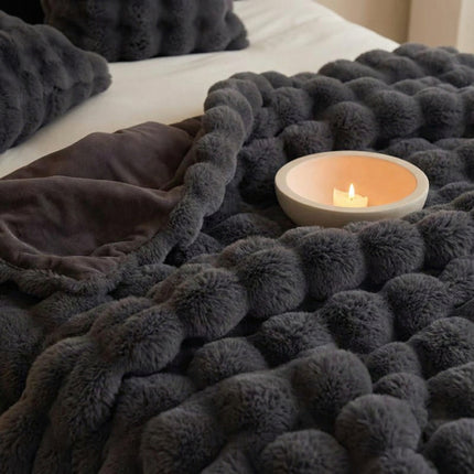 Black Grey Luxury Tuscany Fleece Rabbit Fur Bubble Blanket (200 x 230 CM) - Double-Sided Thickened Soft Plush Bedding & Extra Large Bed Blanket.