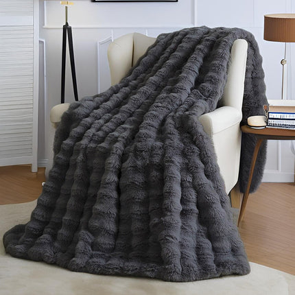 Black Grey Luxury Tuscany Fleece Rabbit Fur Bubble Blanket (200 x 230 CM) - Double-Sided Thickened Soft Plush Bedding & Extra Large Bed Blanket.