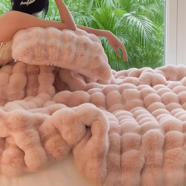 Pink Luxury Tuscany Fleece Rabbit Fur Bubble Blanket - Double-Sided Thickened Soft Plush Large Bedding Set(180x200 CM Large Blanket + 2 Pack 45x45 CM Cushion Cover).