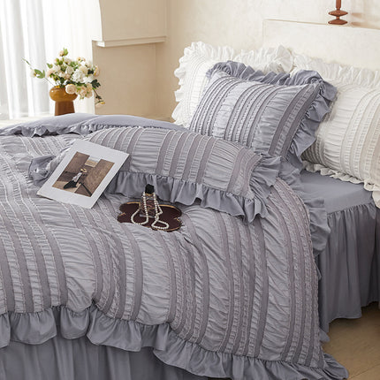 Pink Elegant Ruffle Seersucker Duvet Cover with 2PCS Pillow Shams - 3-Piece Vertical Stripe Clipped Floral Textured Bedding (Twin Size 168 x 229 CM).