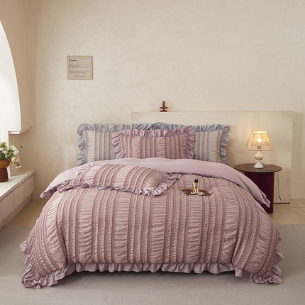 Pink Elegant Ruffle Seersucker Duvet Cover with 2PCS Pillow Shams - 3-Piece Vertical Stripe Clipped Floral Textured Bedding (Full Size 200 x 229 CM).
