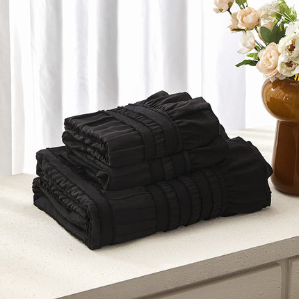Black Elegant Ruffle Seersucker Duvet Cover with 2PCS Pillow Shams - 3-Piece Vertical Stripe Clipped Floral Textured Bedding (Full Size 200 x 229 CM).