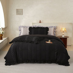 Black Elegant Ruffle Seersucker Duvet Cover with 2PCS Pillow Shams - 3-Piece Vertical Stripe Clipped Floral Textured Bedding (King Size 264 x 229 CM).
