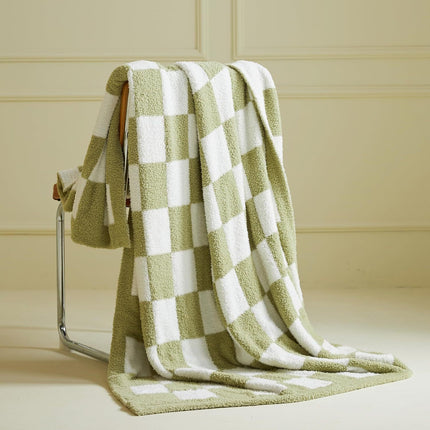 Green and White Premium Knitted Checkerboard Throw Blanket(130 x 150 CM) - Soft Half-Velvet Fleece Nap Blanket, Couch Throw & Office Decorative Wrap.