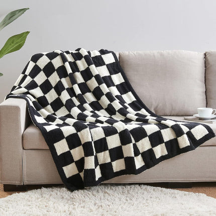 Black and White Premium Knitted Checkerboard Throw Blanket(130 x 150 CM) - Soft Half-Velvet Fleece Nap Blanket, Couch Throw & Office Decorative Wrap.