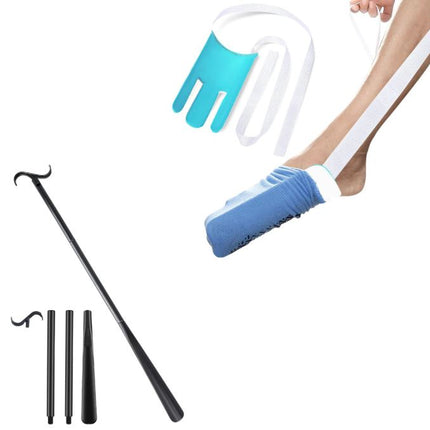 Portable Complete Independent Living Mobility Kit - No-Bend Three Finger Sock Aid & Black Extendable 3-in-1 Dressing Hook with Shoe Horn.