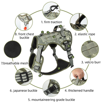 3-Piece Green Tactical Dog Harness Set (L Size) - Heavy Duty No-Pull Vest with Detachable Tactical Pouch & Climbing Rope Leash.