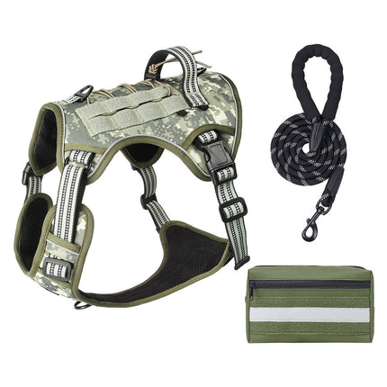 3-Piece Camouflage Tactical Dog Harness Set (S Size) - Heavy Duty No-Pull Vest with Detachable Tactical Pouch & Climbing Rope Leash.
