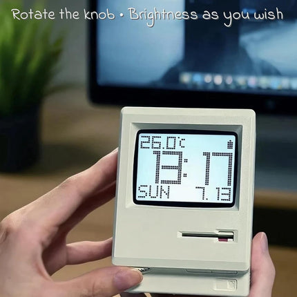 Retro Computer Style Desktop Maclock - Interactive Floppy Disk Switch, 5 Alarm Settings, 3 Display Modes and Stepless Brightness Control.