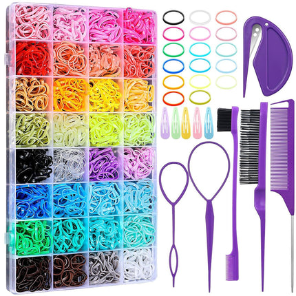 2000PCS Candy Macaron Soft Elastic Hair Ties (32-Color) + 11PCS Hair Styling Tools Set with Storage Case for Toddlers & Girls.