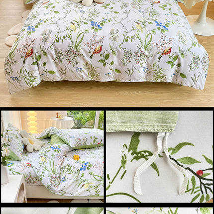 4-Piece Elegant Green Bouquet Printed Soft-Touch Brushed Bedding Set for 1.8M Bed: 200 x 230 CM Duvet Cover, 180 x 200 (+25) CM Deep Pocket Fitted Sheet & 2PC 50 x 75 CM Pillowcases.