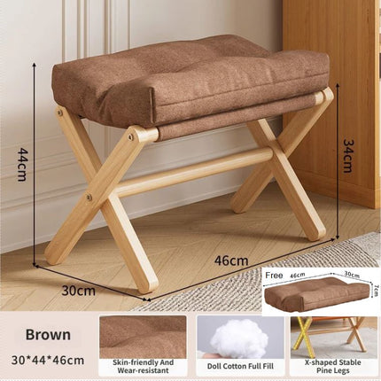Brown Foldable Ottoman & Padded Footstool with Velcro Stability & Spare Cusion - Cotton Linen Portable Office Leg Rest & Entryway Shoe Stool.