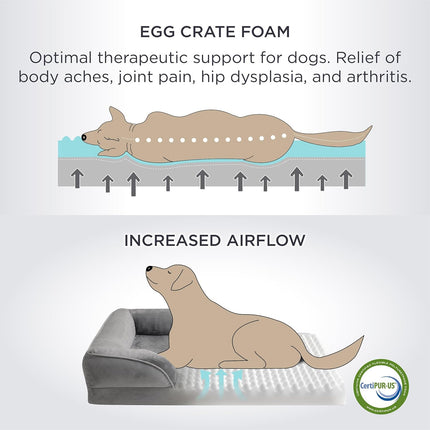 Beige Waterproof Egg-Crate Foam Therapeutic Pet Sofa Bed and Fleece Lounge (XL Size 110 x 82 x 17 CM) - Low Entry, High Bolster Support & Zipper Removable Cover.