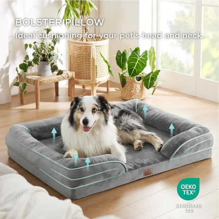 Beige Waterproof Egg-Crate Foam Therapeutic Pet Sofa Bed and Fleece Lounge (XL Size 110 x 82 x 17 CM) - Low Entry, High Bolster Support & Zipper Removable Cover.