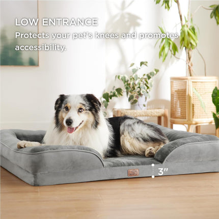 Beige Waterproof Egg-Crate Foam Therapeutic Pet Sofa Bed and Fleece Lounge (XL Size 110 x 82 x 17 CM) - Low Entry, High Bolster Support & Zipper Removable Cover.