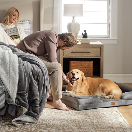 Beige Waterproof Egg-Crate Foam Therapeutic Pet Sofa Bed and Fleece Lounge (XL Size 110 x 82 x 17 CM) - Low Entry, High Bolster Support & Zipper Removable Cover.
