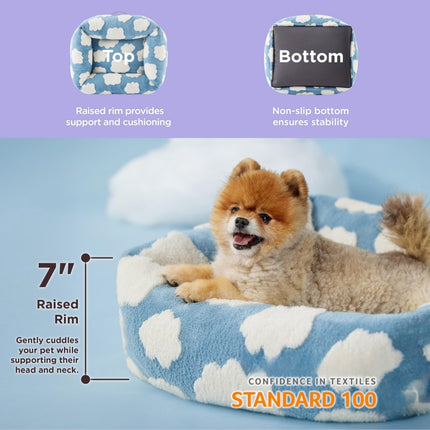 91x68x20 CM Cute Square Plush Pet Bed with Removable Cover & 5 Bolsters Support - Green Daisies Machine Washable Calming Dog & Cat Sofa.