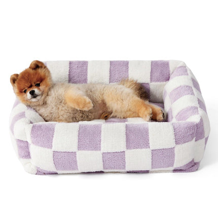 76x60x20 CM Cute Square Plush Pet Bed with Removable Cover & 5 Bolsters Support - Purple Plaid Machine Washable Calming Dog & Cat Sofa.