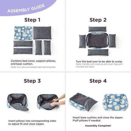 91x68x20 CM Cute Square Plush Pet Bed with Removable Cover & 5 Bolsters Support - Purple Plaid Machine Washable Calming Dog & Cat Sofa.